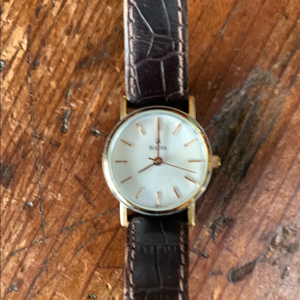 Bulova Gold-Tone Watch with Brown Leather Strap